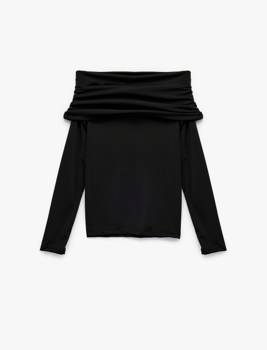   Slim Fit Uzun Kollu Drapeli Omzu Açık Tişört