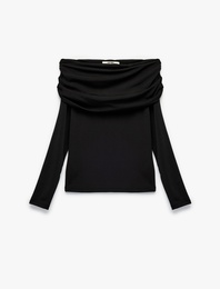 Slim Fit Uzun Kollu Drapeli Omzu Açık Tişört
