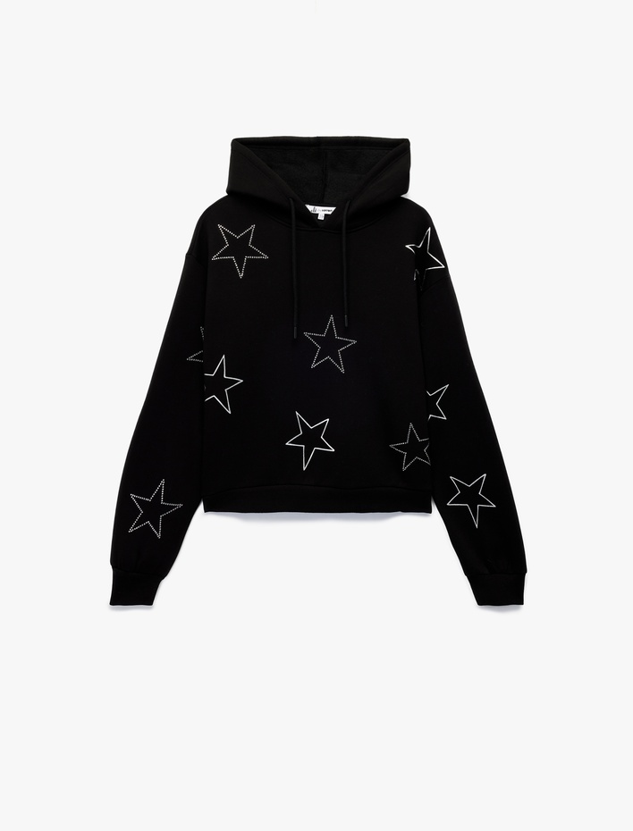  Şardonlu Uzun Kollu Kapüşonlu Oversize Taşlı Sweatshirt