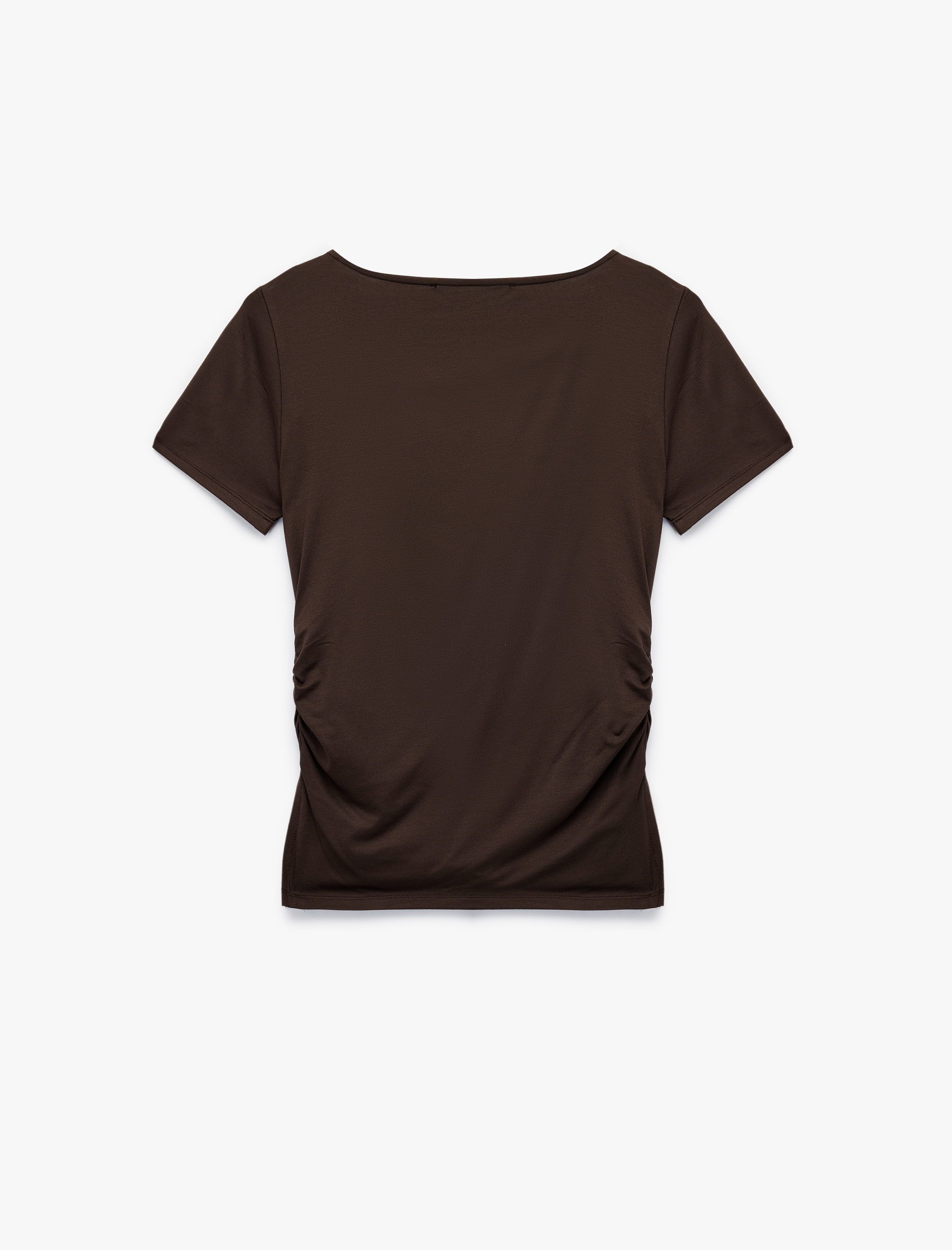   Viskon Kumaş Slim Fit Drape Detaylı Kısa Kollu Kayık Yaka Tişört