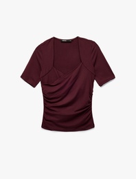 Slim Fit Kısa Kollu Düşük Omuz Kruvaze Bluz
