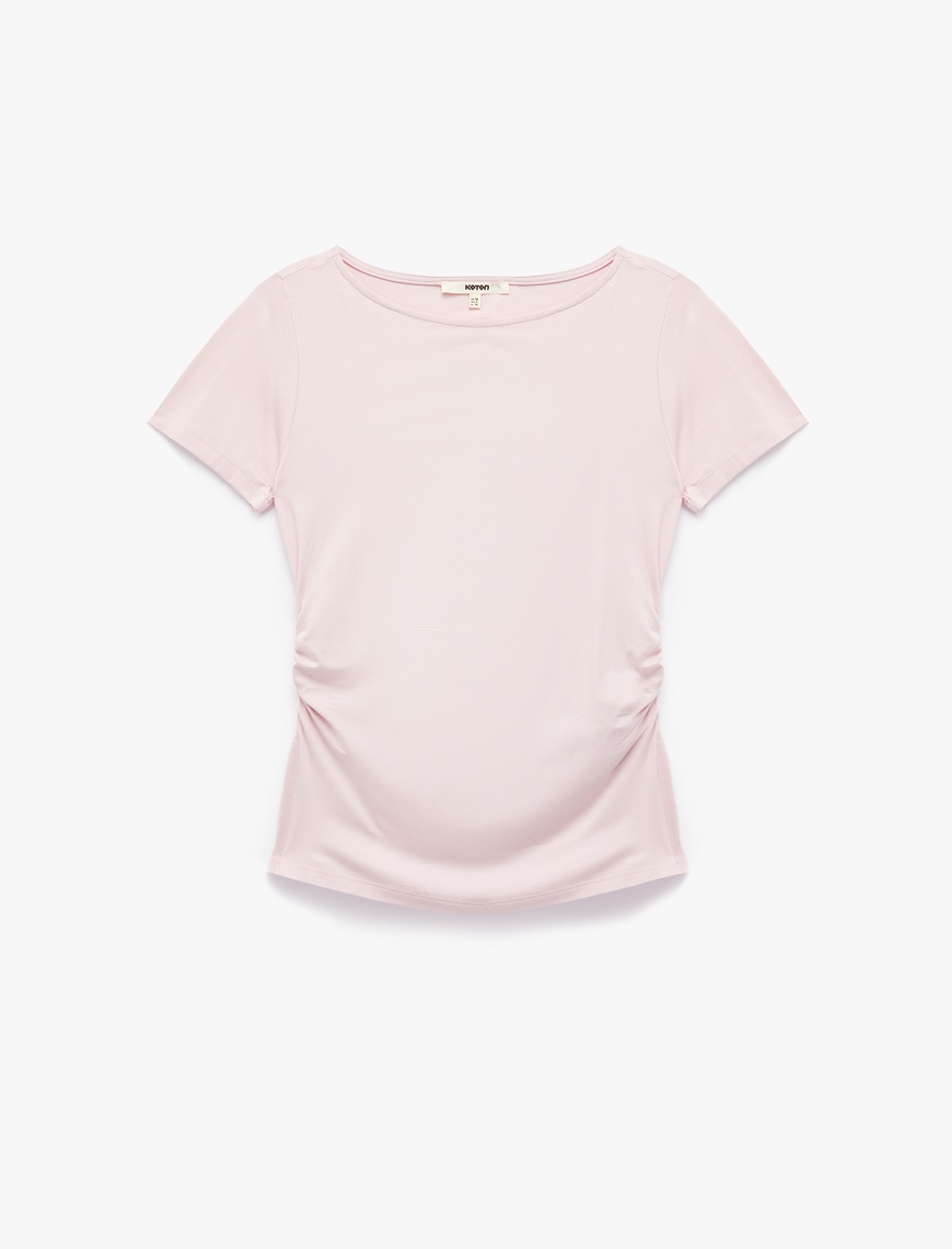   Viskon Kumaş Slim Fit Drape Detaylı Kısa Kollu Kayık Yaka Tişört