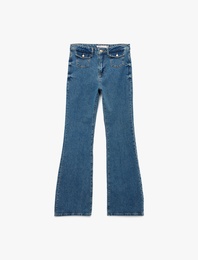 Yüksek Bel Düğmeli Cepli Dar Kalıp İspanyol Paça Jean Pantolon - Flare Jeans