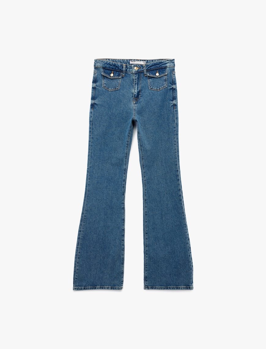   Yüksek Bel Düğmeli Cepli Dar Kalıp İspanyol Paça Jean Pantolon - Flare Jeans