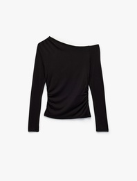 Slim Fit Omzu Açık Uzun Kollu Viskon Drapeli Tişört