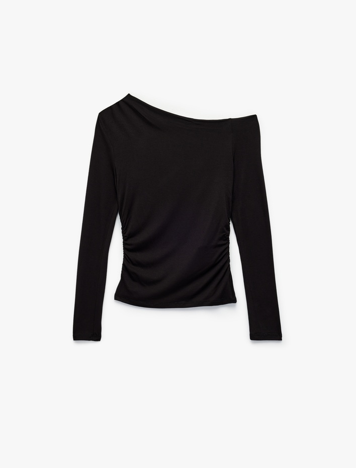  Slim Fit Omzu Açık Uzun Kollu Viskon Drapeli Tişört