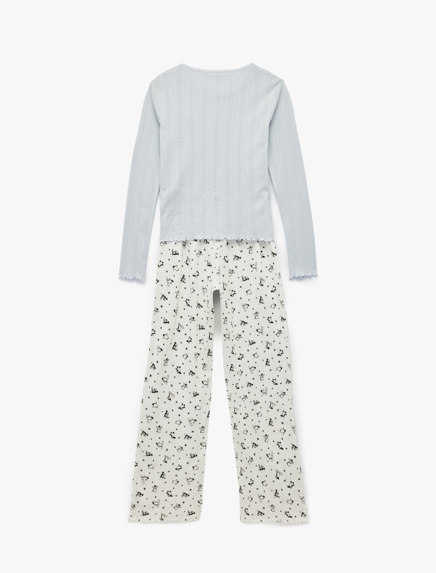   Pamuklu Uzun Kollu Bisiklet Yaka Penguen Baskılı Pijama Takımı