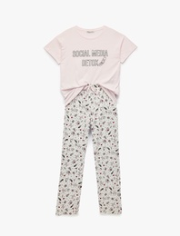 Pamuklu Kısa Kollu Bisiklet Yaka Baskılı Pijama Takımı