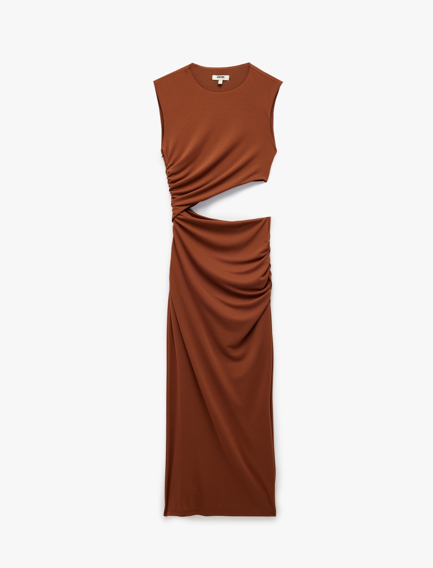   Kolsuz Drapeli Pencere Detaylı Bisiklet Yaka Uzun Bodycon Elbise