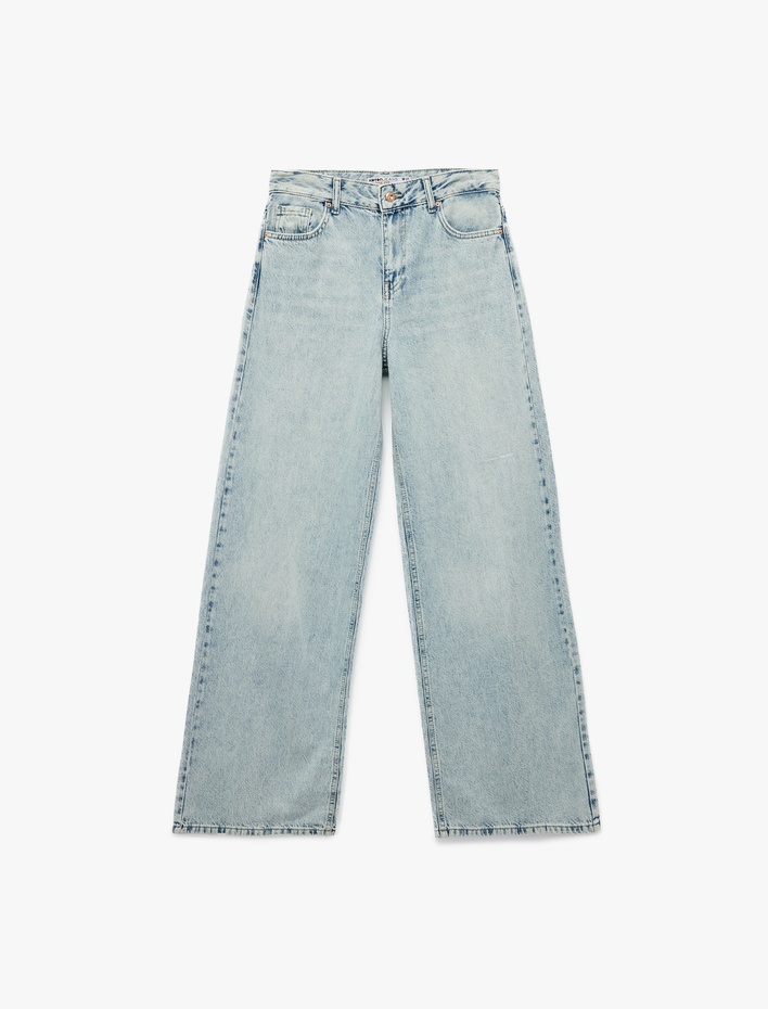  Düğmeli Cepli Rahat Kalıp Pamuklu Bol Paça Jean Pantolon - Loose Straight Fit Jean