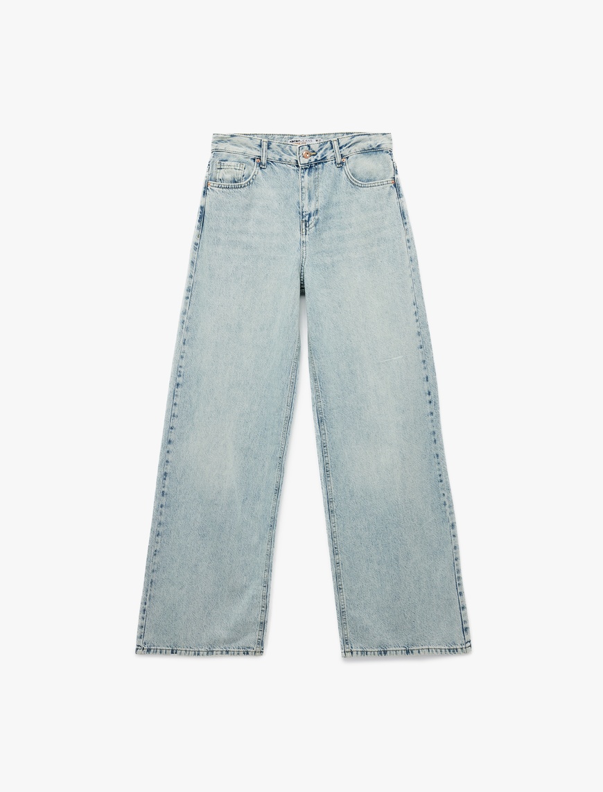   Düğmeli Cepli Rahat Kalıp Pamuklu Bol Paça Jean Pantolon - Loose Straight Fit Jean