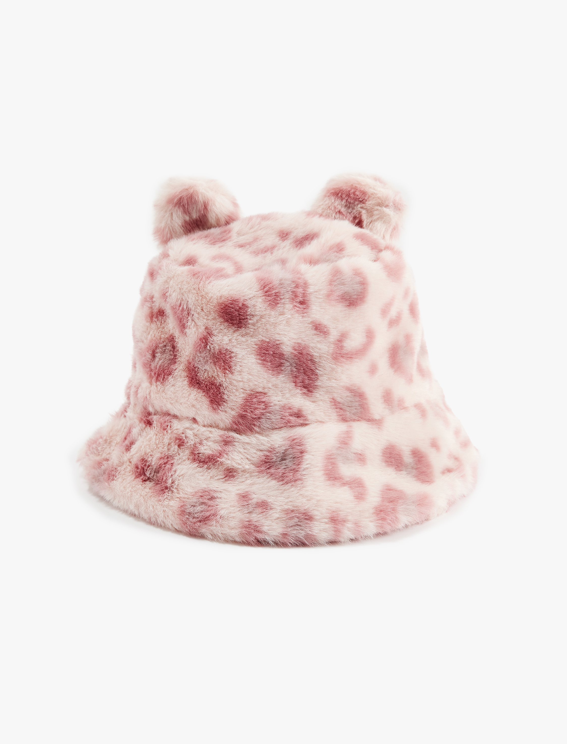  Kız Çocuk Leopar Desenli  Kulak Aplikeli Peluş Bucket Şapka