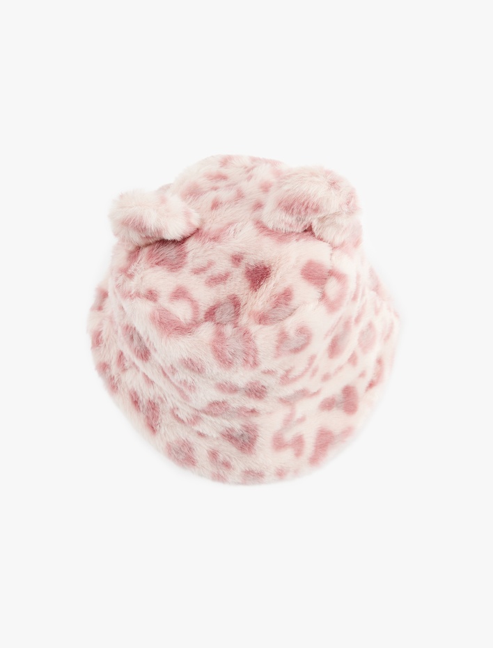 Kız Çocuk Leopar Desenli  Kulak Aplikeli Peluş Bucket Şapka