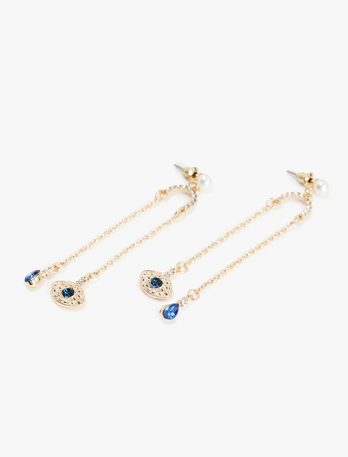 Kadın Çelik Karışımlı Zincirli Taş Detaylı Sallantılı Göz Figürlü Küpe