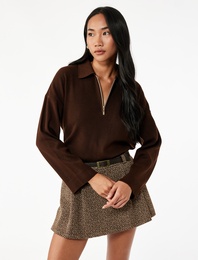 Fermuarlı Polo Yaka Uzun Kollu Oversize Kazak