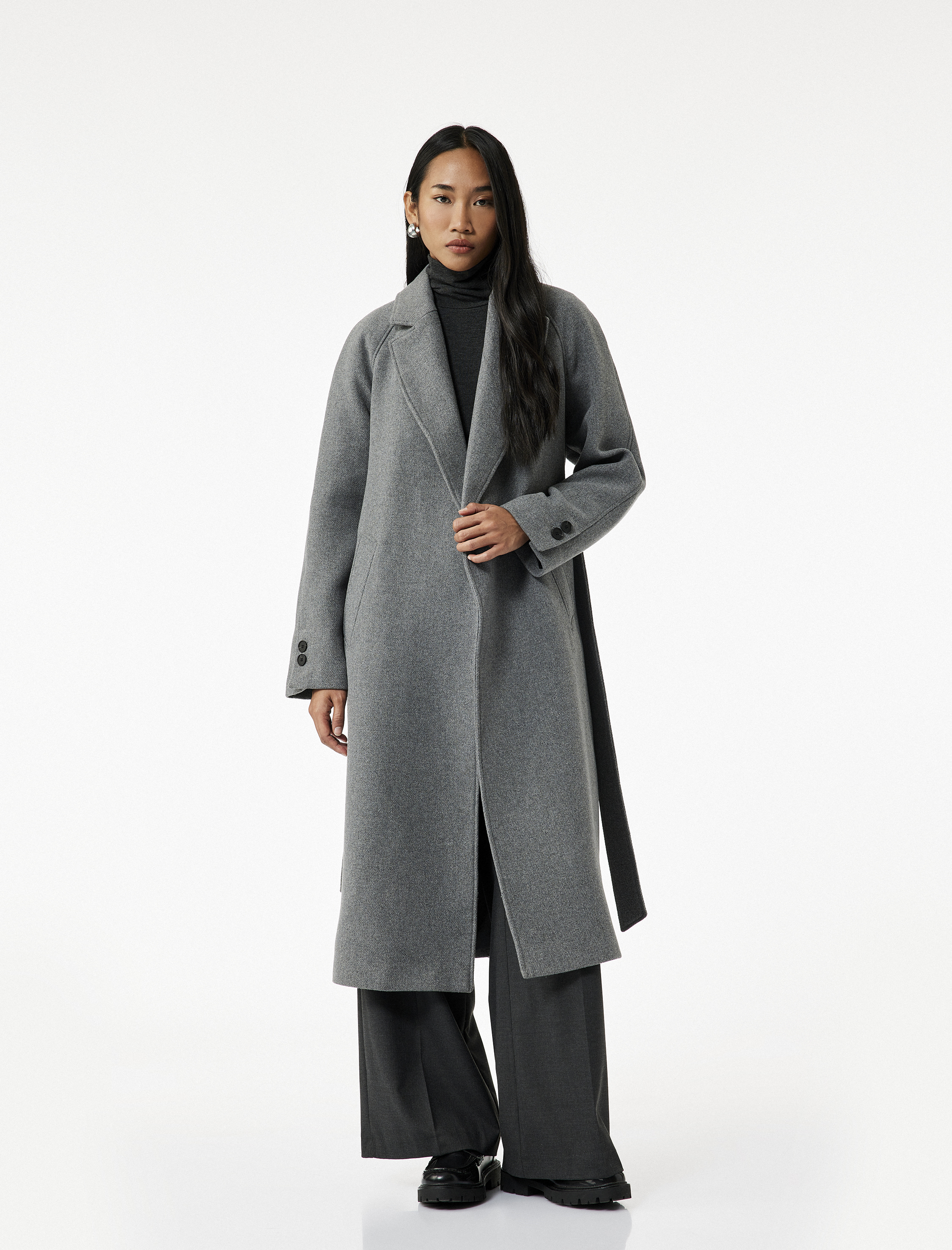   Uzun Kollu Kemerli Cepli Kruvaze Uzun Kaşe Kaban