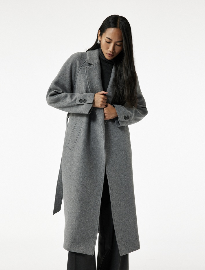  Uzun Kollu Kemerli Cepli Kruvaze Uzun Kaşe Kaban