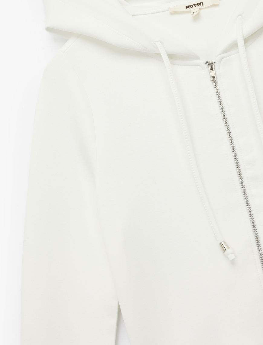   Uzun Kollu Viskon Karışımlı Kapüşonlu Tam Fermuarlı Sweatshirt