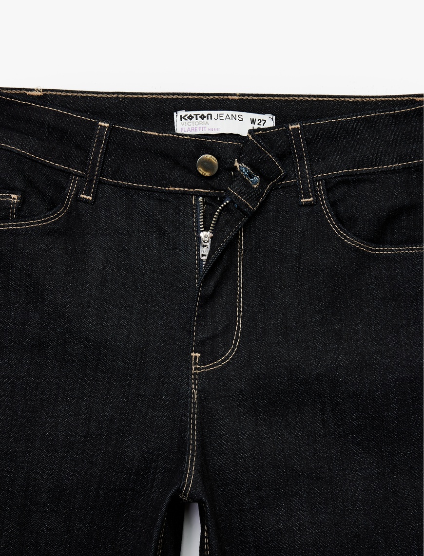   Yüksek Bel Dar Kesim Düğmeli Cepli İspanyol Paça Jean Pantolon - Flare Jeans