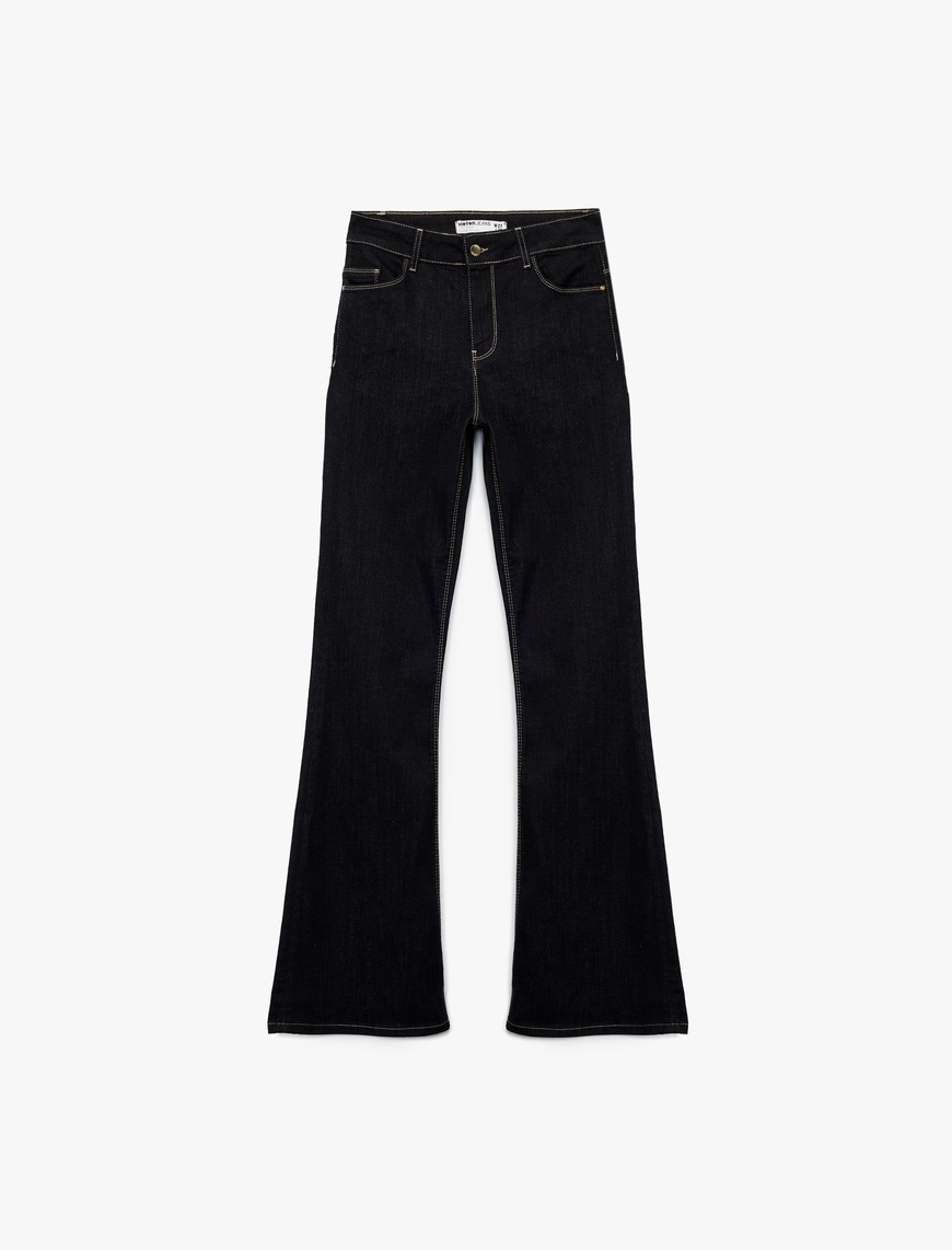   Yüksek Bel Dar Kesim Düğmeli Cepli İspanyol Paça Jean Pantolon - Flare Jeans