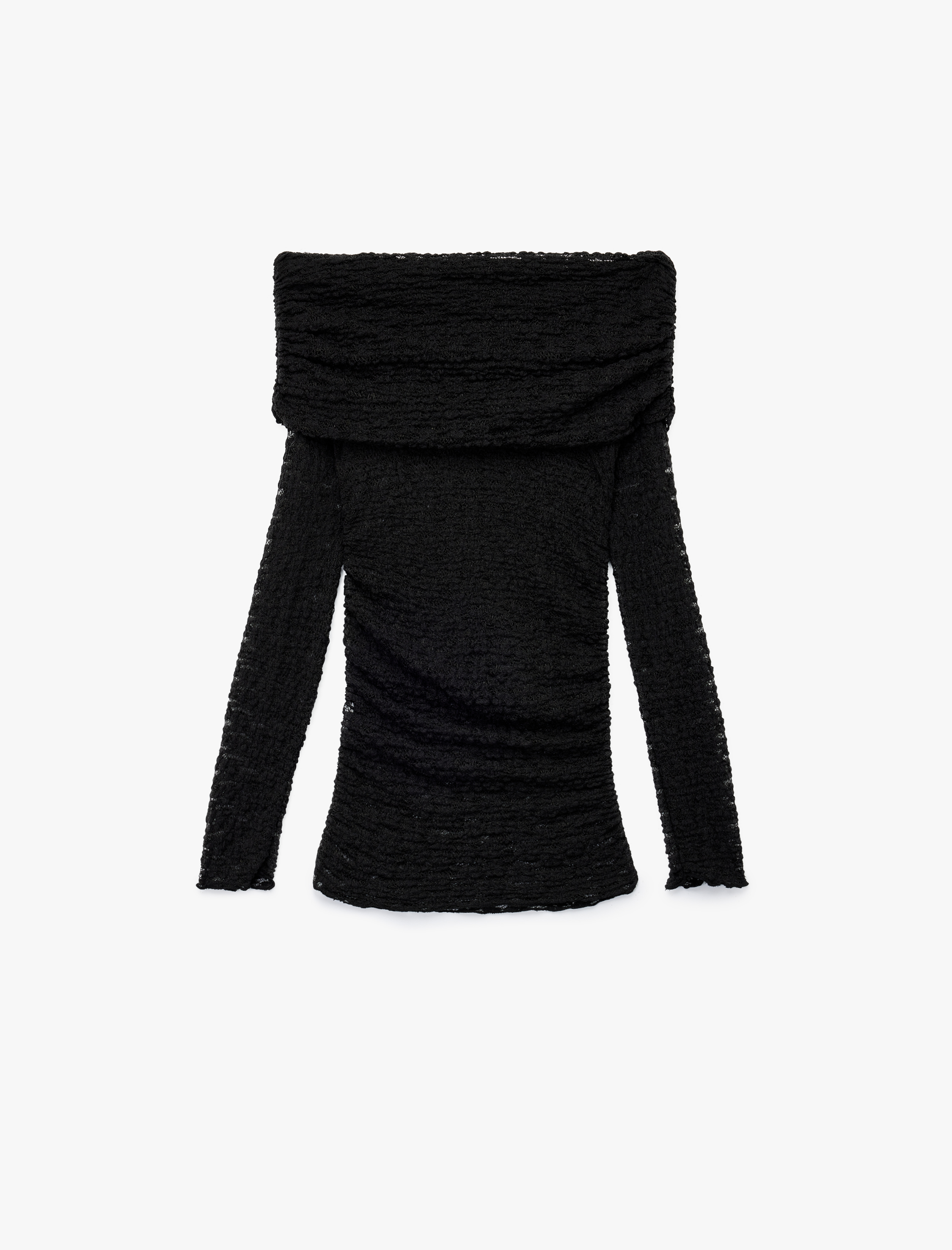   Yarı Transparan Drape Detaylı Uzun Kollu Açık Omuz Dantelli Bluz