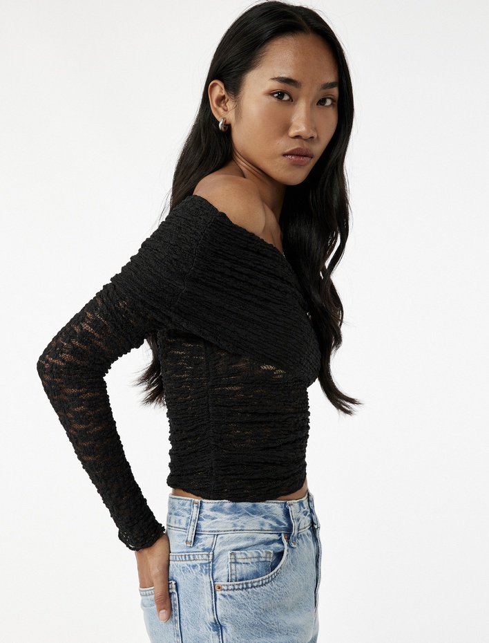  Yarı Transparan Drape Detaylı Uzun Kollu Açık Omuz Dantelli Bluz