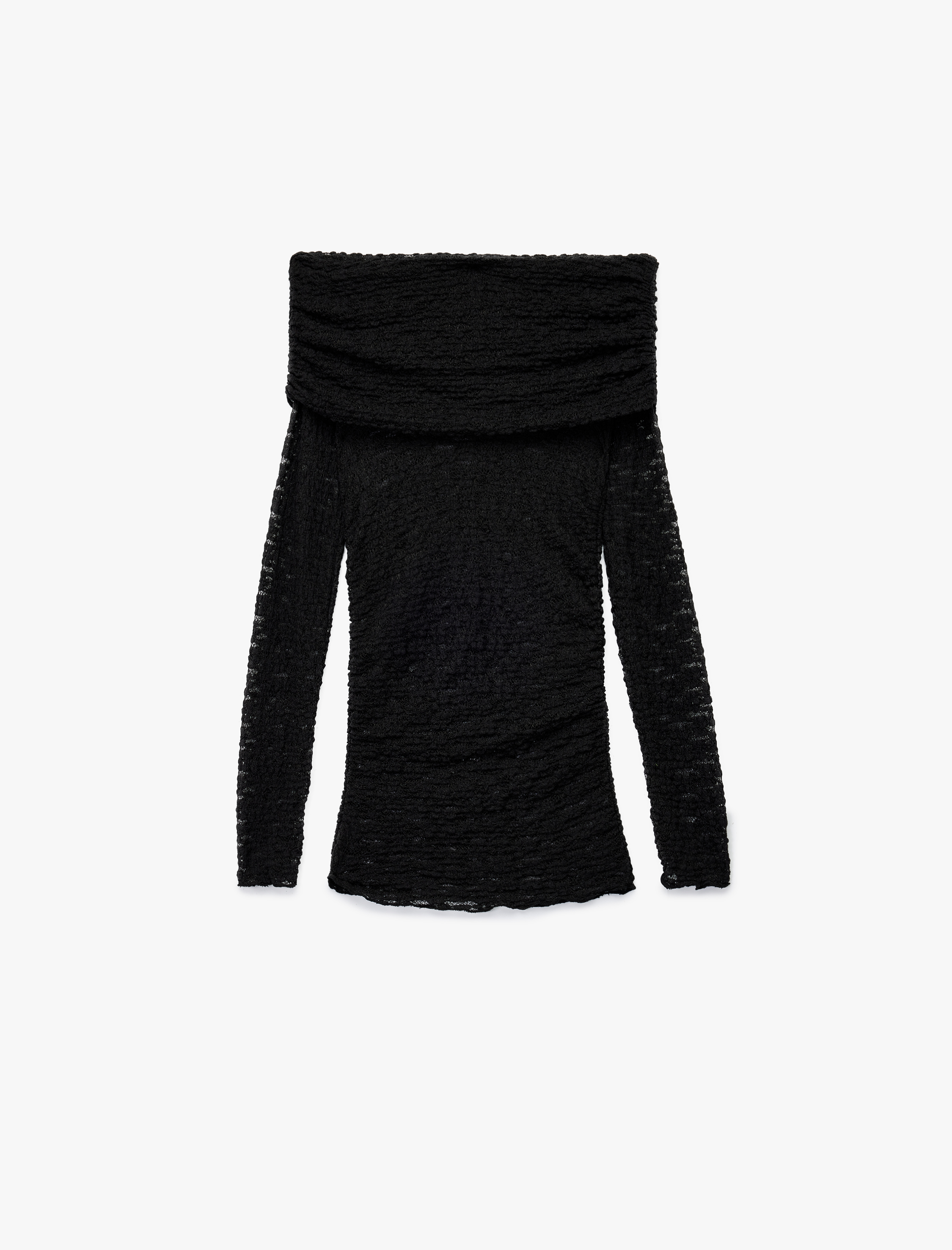   Yarı Transparan Drape Detaylı Uzun Kollu Açık Omuz Dantelli Bluz