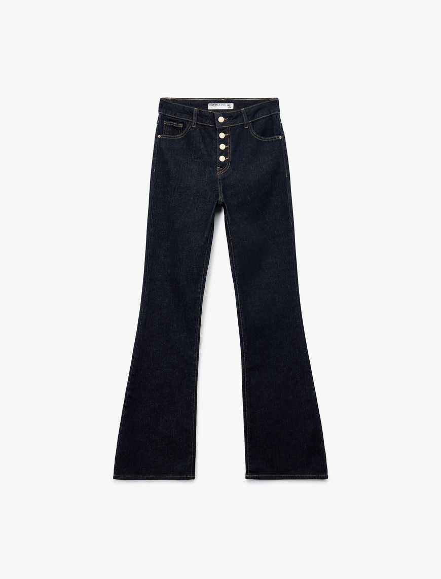   Yüksek Bel Düğme Detaylı Cepli Dar Kesim İspanyol Paça Jean Pantolon - Flare Jeans