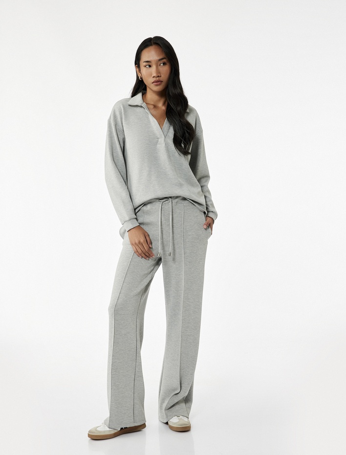  Rahat Kalıp Modal Kumaş Uzun Kollu Polo Yaka Sweatshirt