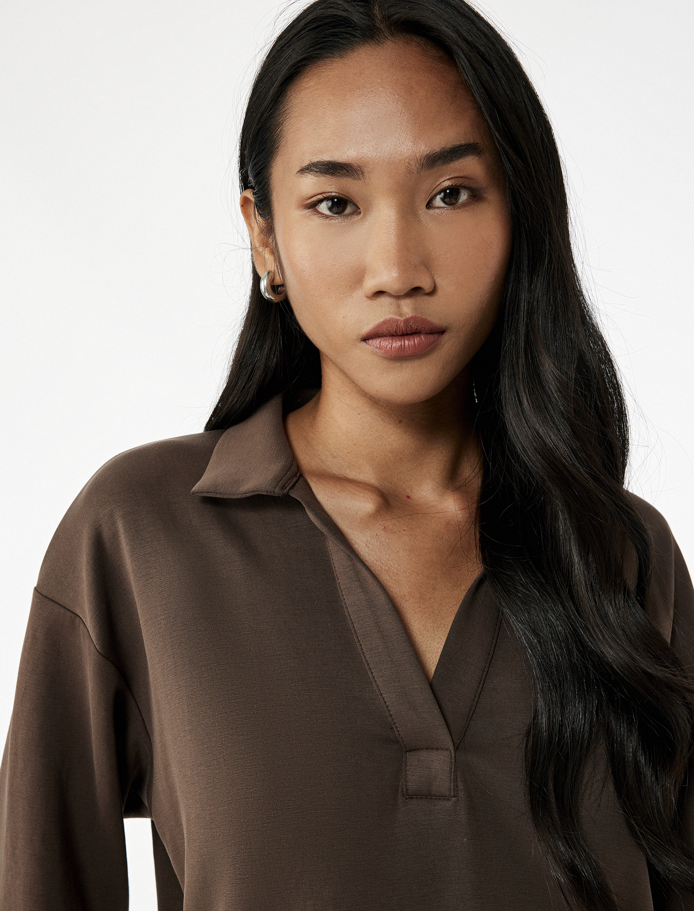   Rahat Kalıp Modal Kumaş Uzun Kollu Polo Yaka Sweatshirt