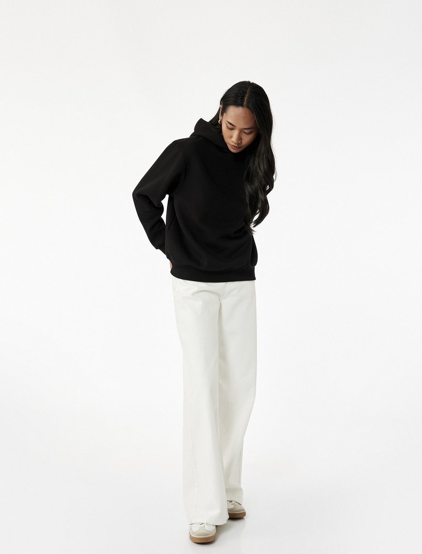   Üç İplik Uzun Kollu Kapüşonlu Basic Sweatshirt