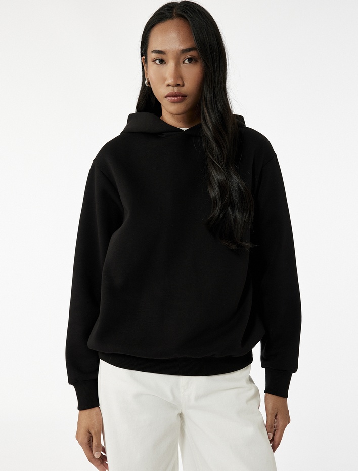  Üç İplik Uzun Kollu Kapüşonlu Basic Sweatshirt