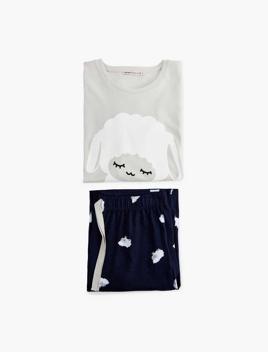  Pamuklu Kuzu Baskılı Uzun Kollu Pijama Takımı