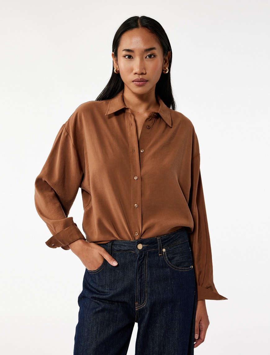   Modal Kumaş Düğmeli Uzun Kollu Oversize Gömlek