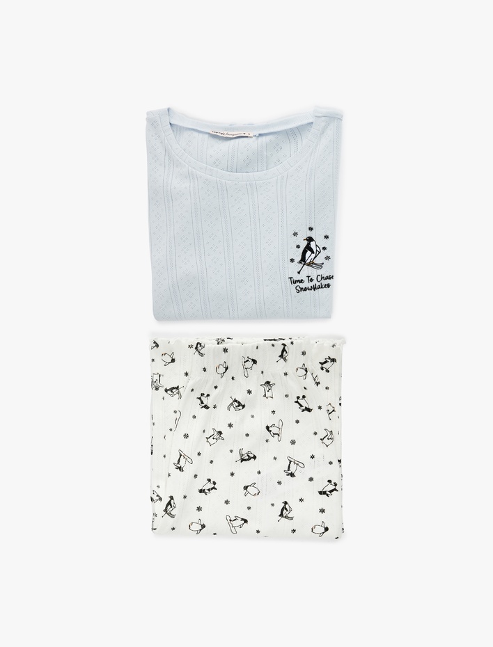  Pamuklu Uzun Kollu Bisiklet Yaka Penguen Baskılı Pijama Takımı