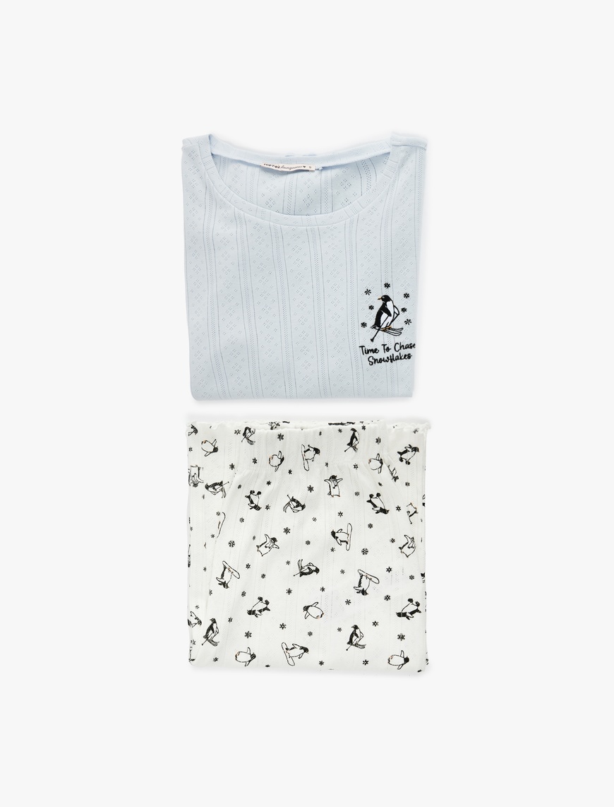   Pamuklu Uzun Kollu Bisiklet Yaka Penguen Baskılı Pijama Takımı