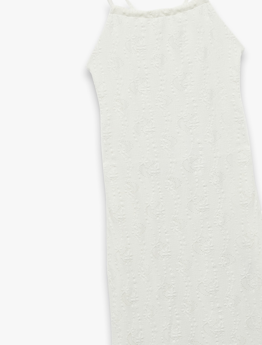   Bürümcük Kumaş Slim Fit Yırtmaç Detaylı Sırt Dekolteli Halter Yaka Uzun Elbise