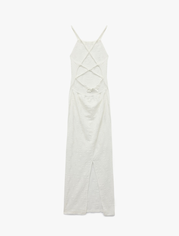  Bürümcük Kumaş Slim Fit Yırtmaç Detaylı Sırt Dekolteli Halter Yaka Uzun Elbise