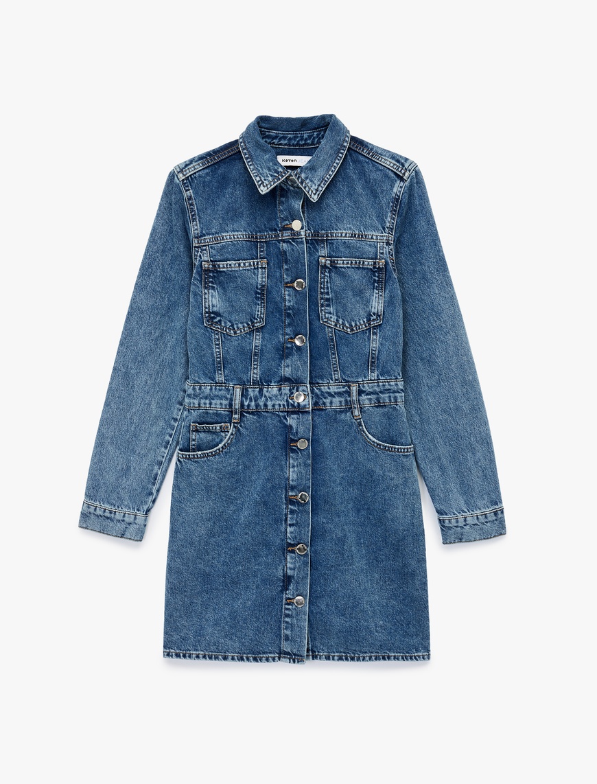   Uzun Kollu Klasik Yaka Düğmeli Cep Detaylı A Kesim Mini Denim Elbise