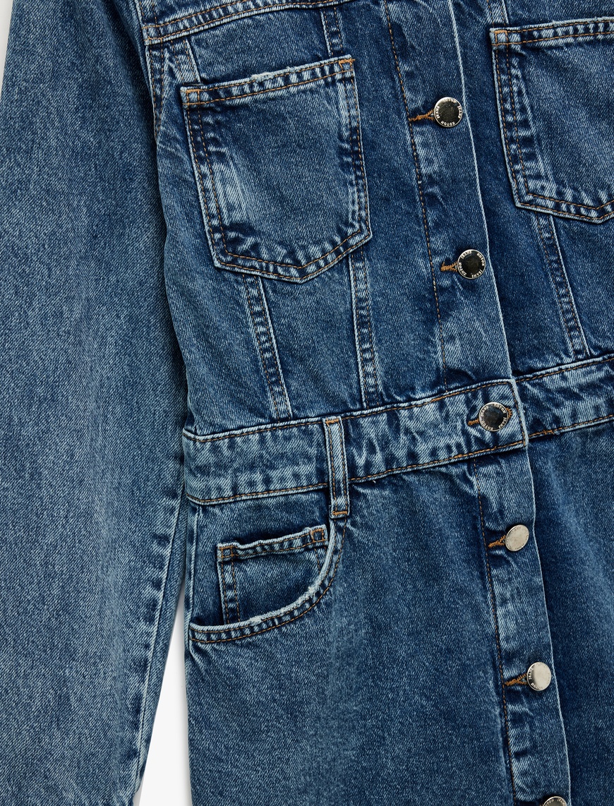   Uzun Kollu Klasik Yaka Düğmeli Cep Detaylı A Kesim Mini Denim Elbise