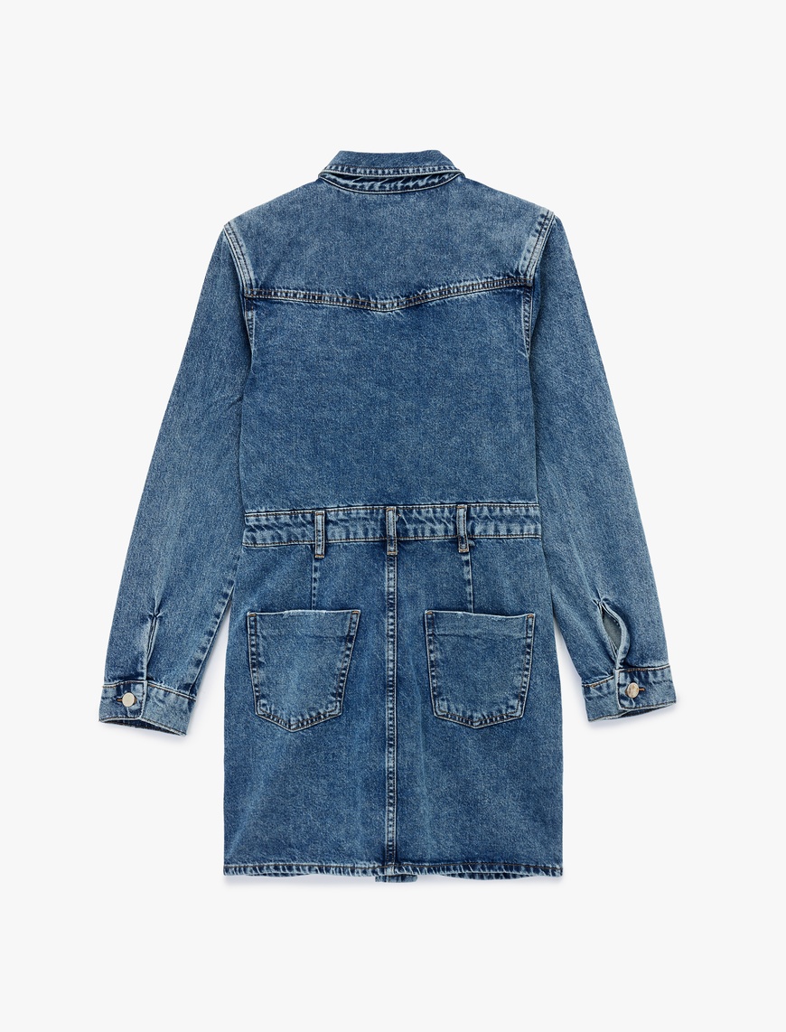   Uzun Kollu Klasik Yaka Düğmeli Cep Detaylı A Kesim Mini Denim Elbise