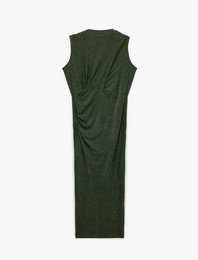 Slim Fit Bisiklet Yaka Drapeli Kolsuz Midi Boy Simli Kalem Elbise