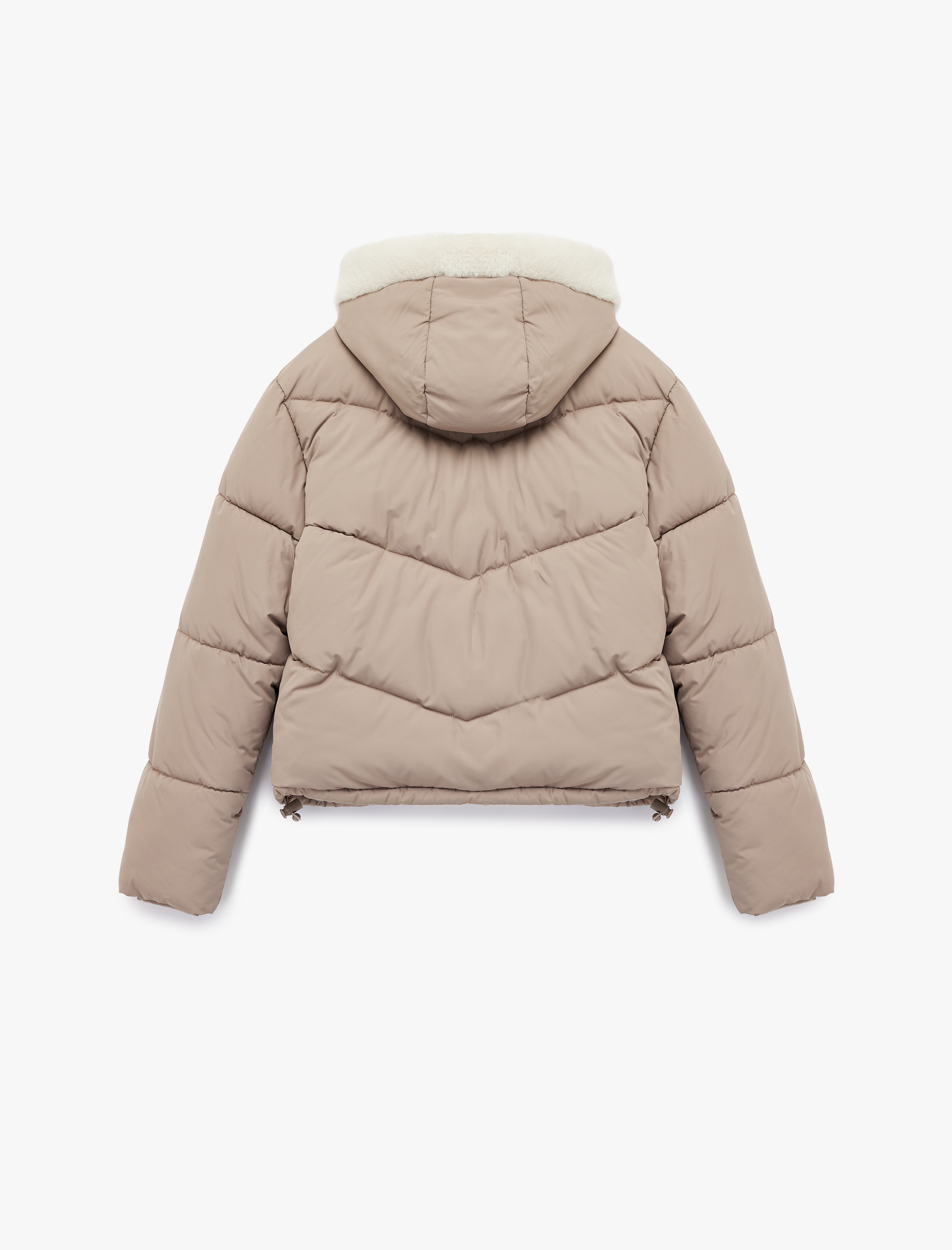   Uzun Kollu Cepli Düğmeli Su İtici Kapüşonlu İçi Suni Kürklü Kısa Şişme Mont