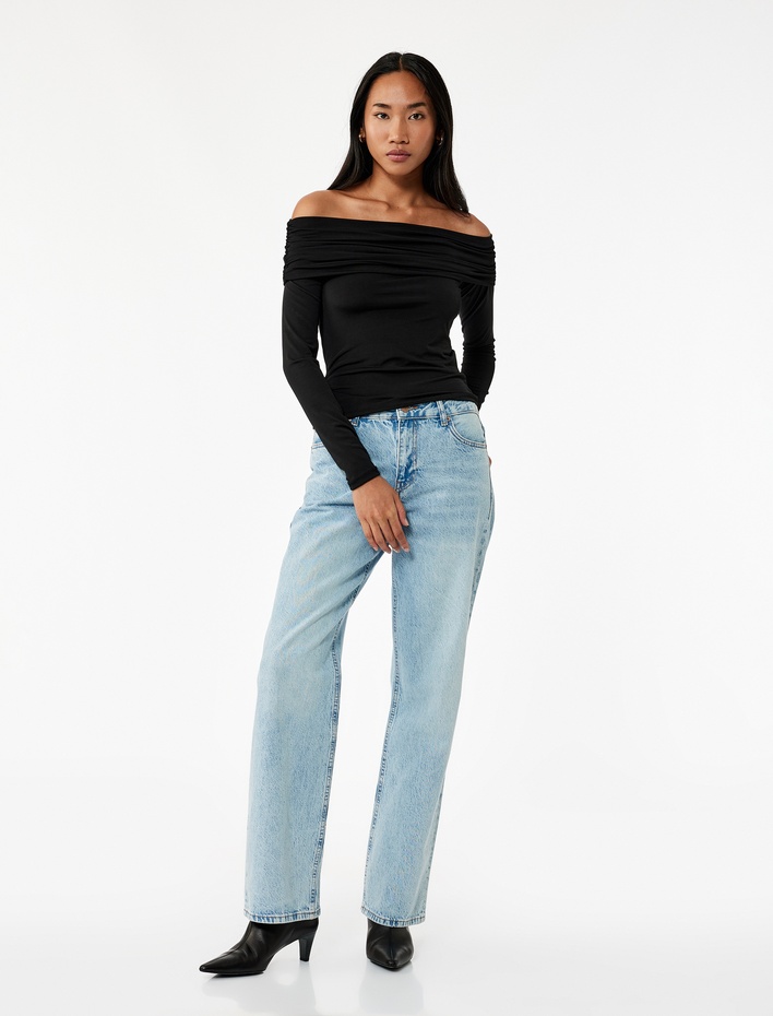  Slim Fit Uzun Kollu Drapeli Omzu Açık Tişört