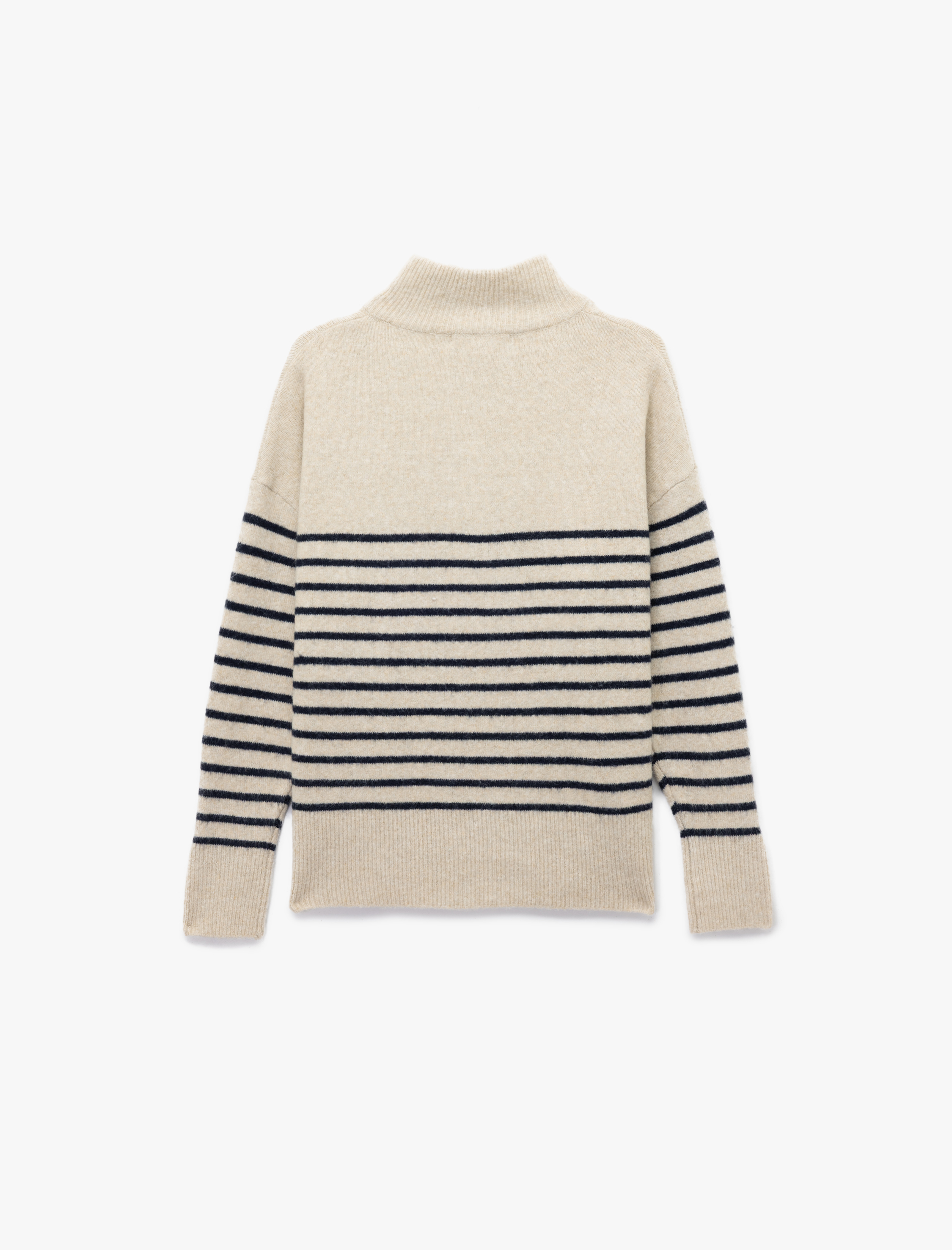   Uzun Kollu Dik Yaka Yarım Düğmeli Triko Oversize Çizgili Kazak