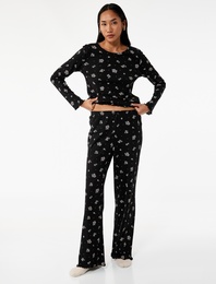 Pamuklu Düz Bol Paça Çiçekli Pijama Altı
