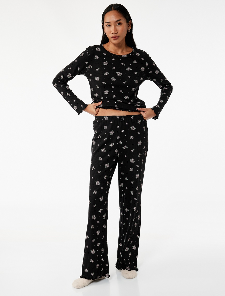   Pamuklu Düz Bol Paça Çiçekli Pijama Altı
