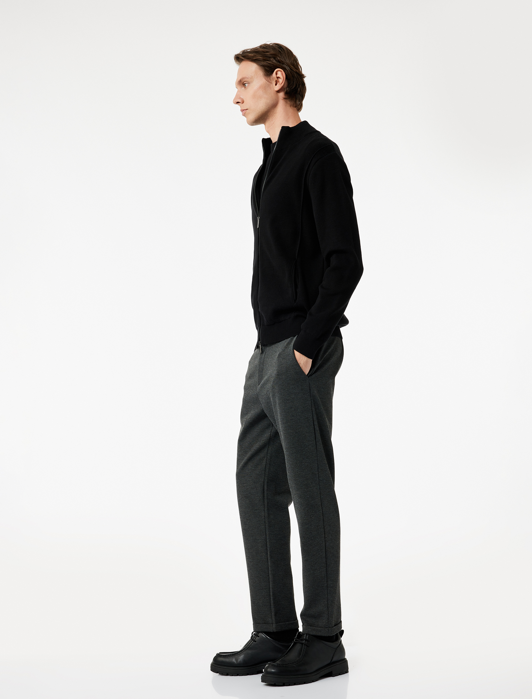   Beli Bağcıklı Düğmeli Pike Kumaş Cep Detaylı Duble Paça Slim Fit Pantolon