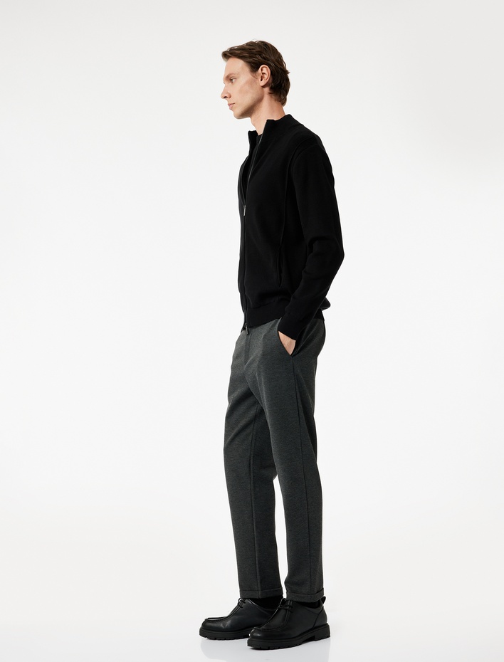  Beli Bağcıklı Düğmeli Pike Kumaş Cep Detaylı Duble Paça Slim Fit Pantolon