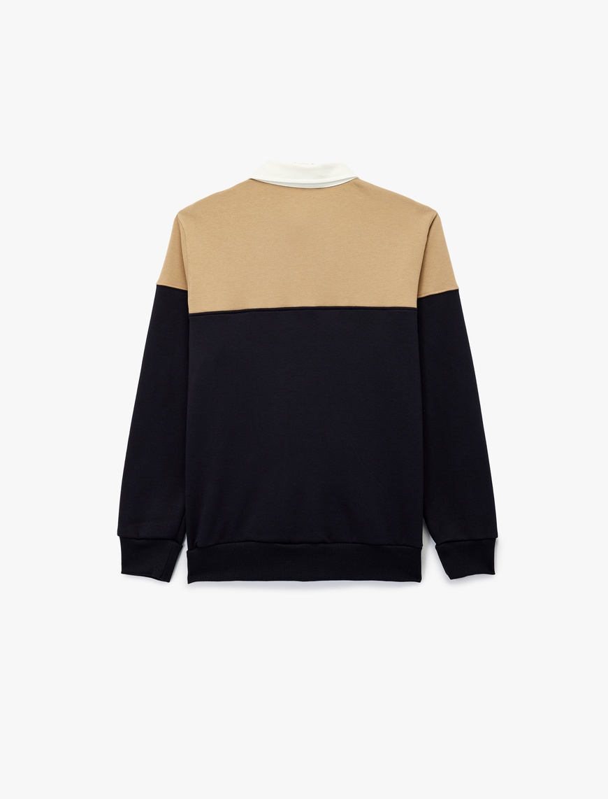   Uzun Kollu Şardonlu Renk Bloklu Polo Yaka Sweatshirt